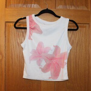 Shein Women's Juniors White Ribbed Tank Top w/ Pink Flowers Hibiscus - Size M